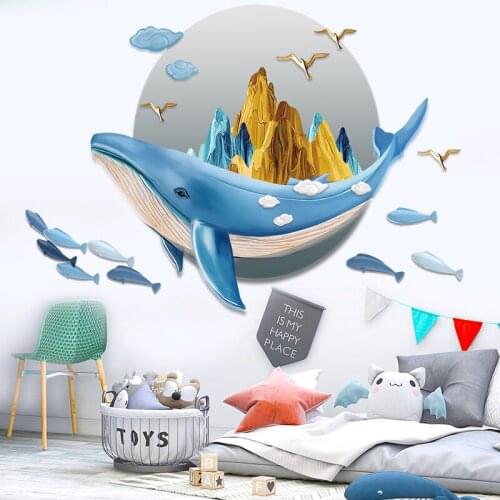 Cartoon 3D Whale Wall Stickers Living Room Sofa TV Backdrop Home Decor Art Bedroom Kids Room Decals for Furniture