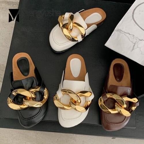 Wedges Cork slippers women metal chain mules genuine leather shoes woman sandals creepers pantuflas cover toe pigskin slides2020