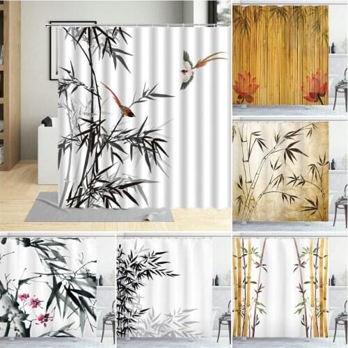 Black White Plant Pattern Shower Curtain Bamboo Landscape Waterproof Bath Curtains With HookFor Bathroom Decor Art Poster Gifts
