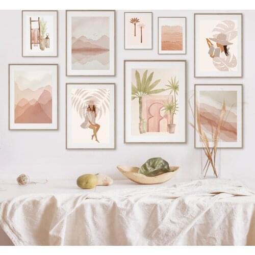 Boho Wall Art Abstract Natural Landscape Canvas Painting Girl Green Plants Posters and Prints Picture for Living Room Home Decor