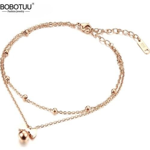 BOBOTUU New Delicate Bowknot Anklets Classic Rose Gold Color Stainless Steel Double Layer Women Ankle Jewelry Bracelets BA19035