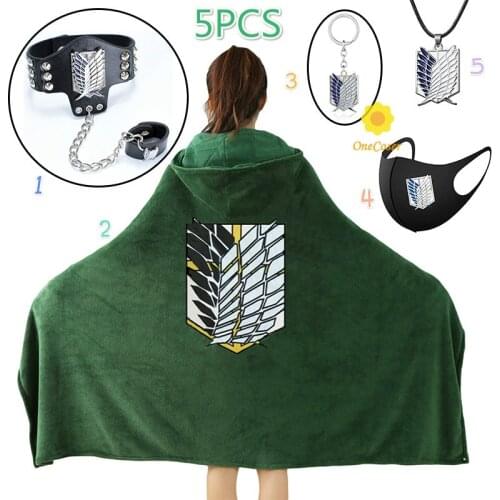 Attack on Titan Blanket Cloak Cosplay Hoodie Flannel Shingeki No Kyojin Thicken Green Cloak Bracelet Necklace Keychain Props