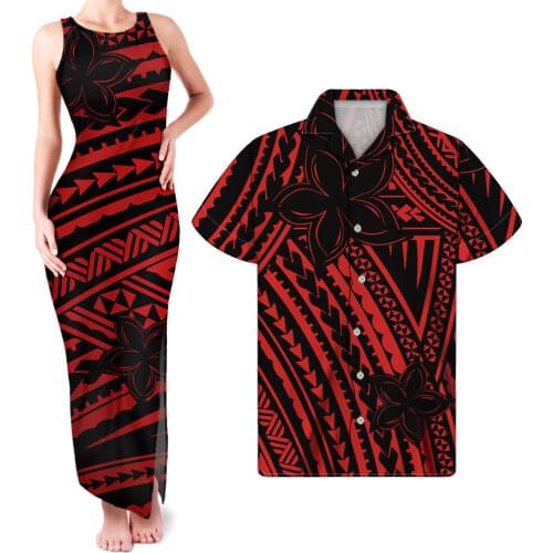 HYCOOL Wholesale Womens Sleeveless Red Evening Dresses Bodycon Maxi Dress Ladies Summer Polynesian Tribal Print Couple Dress Set