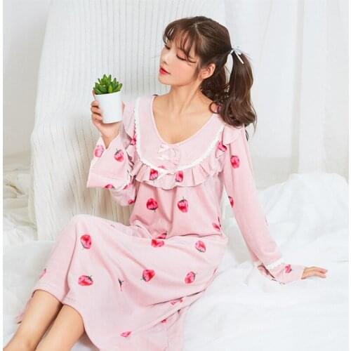 Autumn Winter Long Sleeves Long Style Korean Velvet Nightgown Princess Double Velvet Slim Girl Student Nightdress Sleepwear