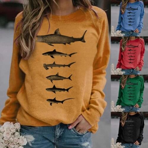 Autumn Women Casual Loose Pullover Blouse Long Sleeve Shark Print Sweatshirt