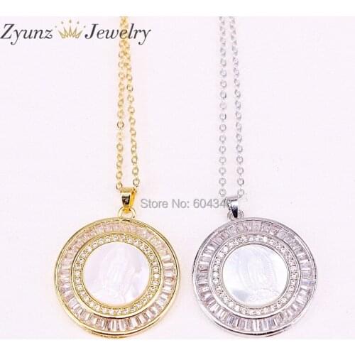 5 Strands ZYZ300-4331 Round Shape Shell Pendants Necklaces, Metal Electroplated Jesus Pattern Shell Women Jewelry Necklace