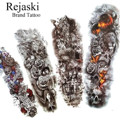 Rejaski Water Transfer Fake Death Skull Temporary Tattoo Sticker For Men Women Full Arm Leg Tatoos Body Art Flower Tattoos Paper