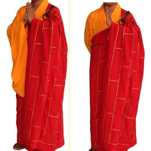 Festival costume Buddhism Garment Gold Edge Saffron Shaolin Monk Uniforms Abbot Bonze Tang Robe Gown Linen Cotton Frock Cassock