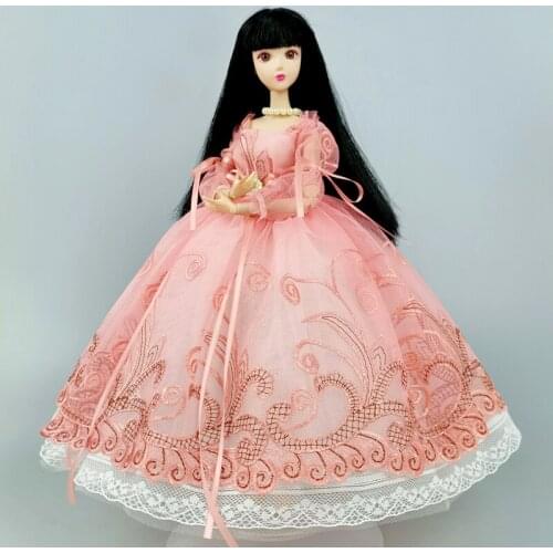 Handmade Pink Princess Wedding Dress For Barbie Doll Outfits 1/6 Dolls Accessories Puff Sleeve Bowknot Evening Party Gown Toys