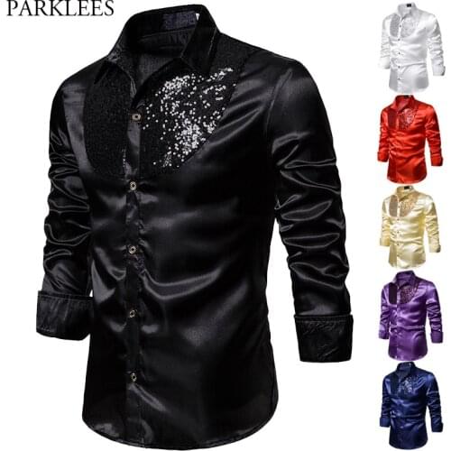 Black Sequin Patchwork Western Boy Shirts Men 2020 Fashion Slim Fit Long Sleeve Silk Dress Shirts Mens Disco Dance Prom Costume