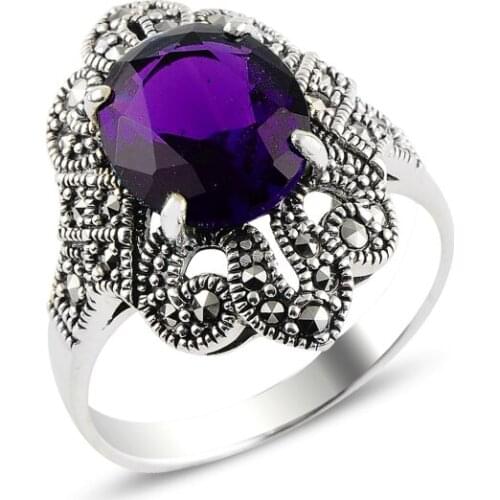 Silverlina Silver Amethyst Zircon & Marcasite Ring