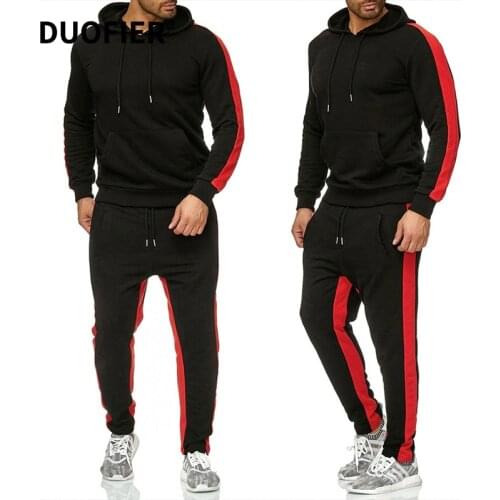 2 Pieces Sets Tracksuit Men New Brand Autumn Winter Hooded Sweatshirt +Drawstring Pants Male Stripe Patchwork Hoodies Plus Size