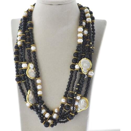 Z10026 6Row 22" 30mm White Coin Pearl & Black Agate Necklace