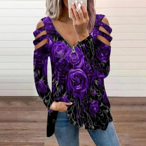 3D Floral Printed Women Vintage T-shirt Zipper V Neck Shirt Sexy Cut Out Long Sleeve Tee Tops For Female Loose Oversized S-5XL