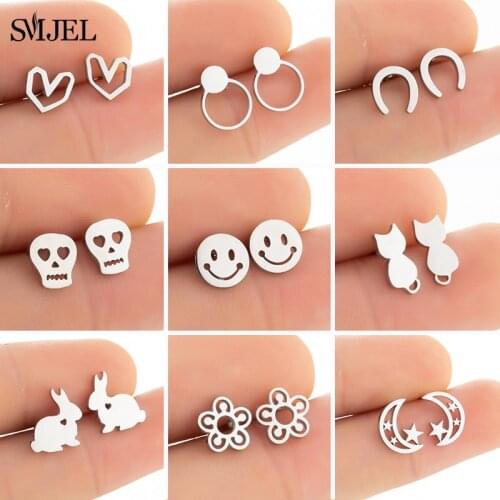 SMJEL Tiny Stainless Steel Earrings for Women Kids Geometric U Horse Skull Smile Face Heart Earrings Korean Daisy Flower Studs