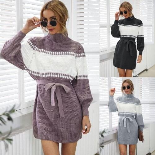 Autumn and Winter Knitted Dress Half High Neck Long Sleeve Color Matching Dress 2021 Ladies Belt Black and White Pencil Skirt