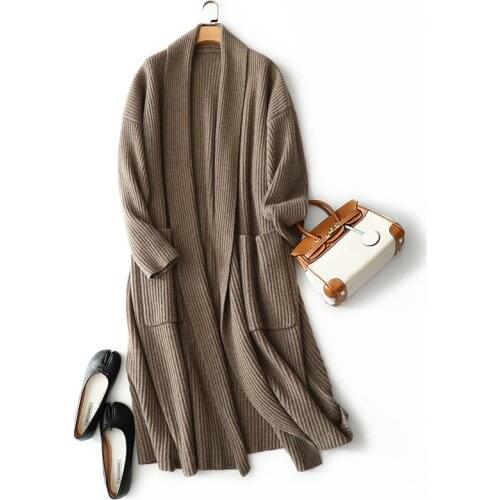 2021 winter thick luxury 100% cashmere open cardigan coat women ribbed knitted long sweater