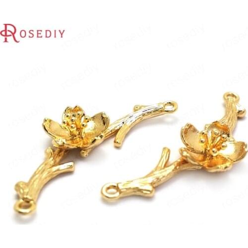 37023)6PCS 35x13MM 24K Gold Color Brass 2 Holes Plum Flower Connect Charms Pendants High Quality Jewelry Making Supplies