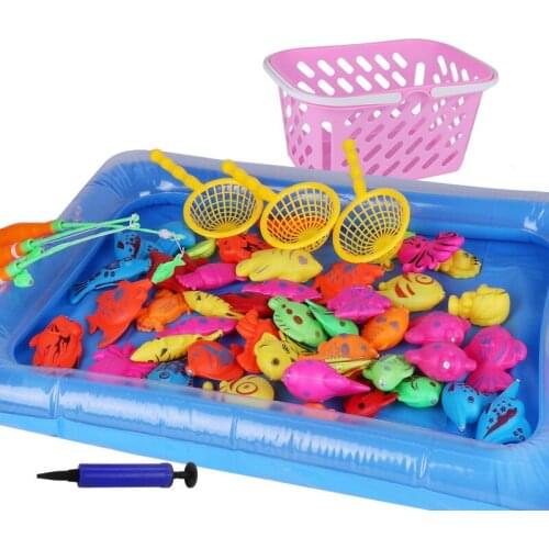 54pcs/set Magnetic Fishing Toy Rod Net Set For Kids Model Play Fishing Games Outdoor Toys With Inflatable pool and Storage Box