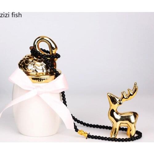White Ceramic Storage Jar Golden Swan Cover Jewelry Box Home Decoration Golden White Deer Ornaments Storage Jar Gift Crafts