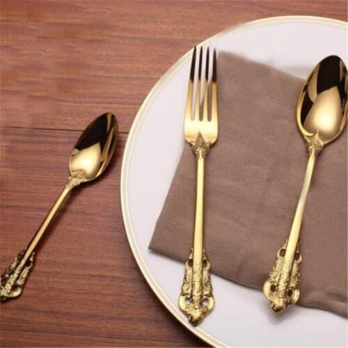 Home Dinnerware Retro Vintage Embossed Carve Gold Tableware Set Long Handle Spoons & Forks Tea Coffee Spoon For Eating