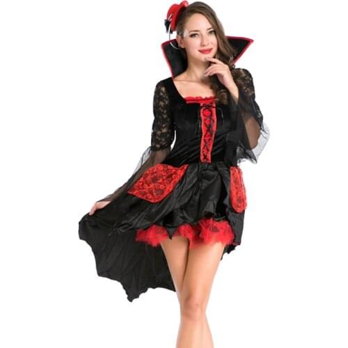 Gothic Evil Vampires Costume Sexy Adult Halloween Mesh Lace Splice Fancy Dress Devil Maleficent Witch Costume for Women A158543