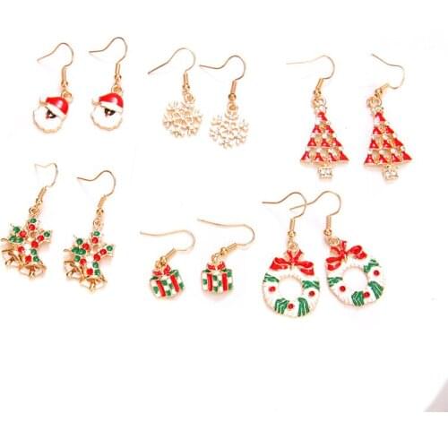 Happy Gold Tone Christmas Tree Earrings Set Colorful Xmas Tree Santa Missing Hat Rhinestone Snowflake Jingle Bells Charm