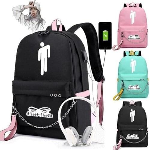 Billie Eilish Canvas Backpack USB Charge Women/Men Student Backpack Letters Print School Bag Teenager Girls Ribbons Backpack