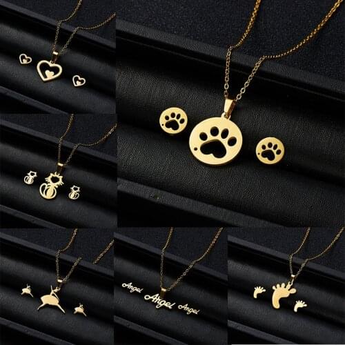 New Stainless Steel Jewelry Sets Women Dance Girls Heart Cat Paw Angel Pendants Necklaces Small Stud Earrings Sets Accessories