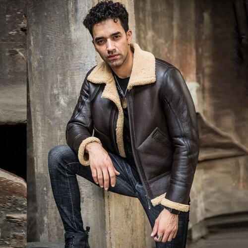 New Shearling Coat Mens Black Leather Jacket B3 Bomber Jacket Short Fur Coat Flight Jacket Mens Motorcycle Jacket