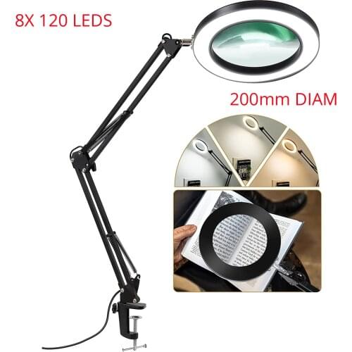 2021 True 8X Welding Magnifier USB 3 Colors LED Illuminated Lamp Loupe Reading Rework Soldering Magnifying Glass Flexible Desk