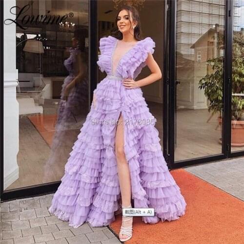 Fashion Tulle Purple Evening Dress New Custom 2019 A Line Long Party Gown Arabic Vestidos Prom Dresses Robe De Soiree