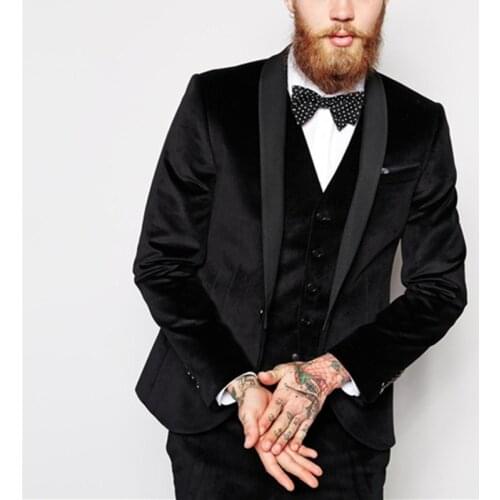 3 Pieces Black Mens Wedding Suits Slim Fit Shawl Lapel Velvet Thick Casual V Neck Vest Costume Formal Terno Masculino Clothing
