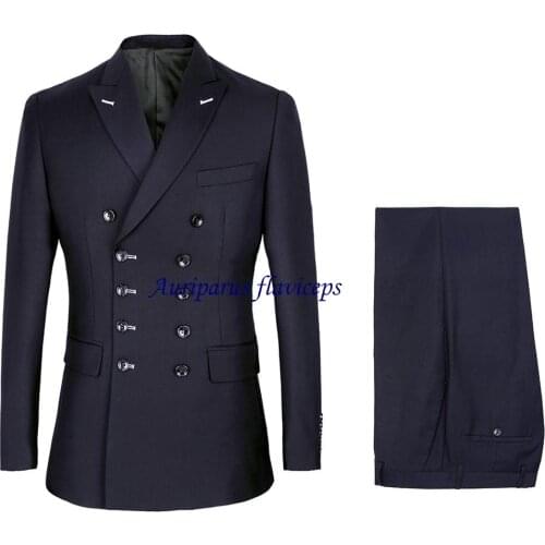 New Design Double Breasted Man Suits 10 Buttons Groom Suit Navy Blue Dinner Suit Peaked Lapel Wedding Suits(Jacket+pants)