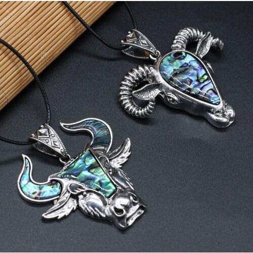 Natural Abalone Shell Animals Pendant Necklace Bull Head Sheep Head Shell Pendant Necklace for Men Jewelry Gift Length 55+5cm