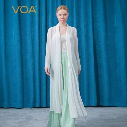 VOA Silk Georgette White Long-sleeved Pleated Strap Waist Literary Micro-transparent Cardigan-style Long Trench Coat FE131
