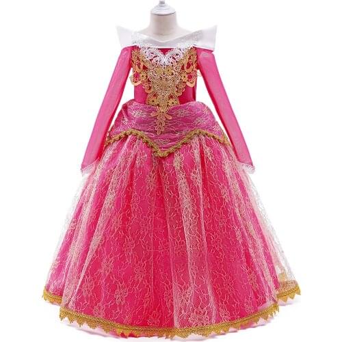 Girls Princess Dress Rose Pink Lace Applique Mesh Long Sleeve Big Hem Dress for Weddings/ Parties/ Stage Performance