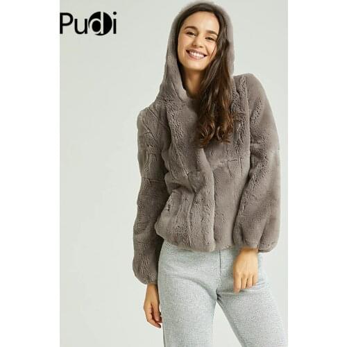 Pudi Women Real Rex Rabbit Fur Coat Jacket Brand New Full Pelt Natural Fur Coats Ball Jackets With Fur Hood CT824