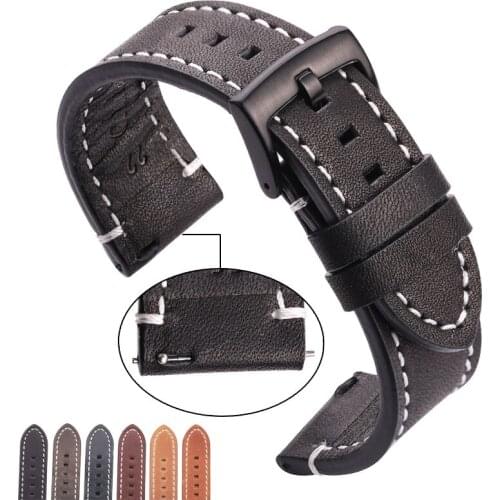 HENGRC Cowhide Genuine Leather Watchband Belt 18 20 22 24mm Men Women Thick Handmade Retro Watch Band Strap Metal Buckles