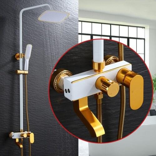Europe style luxury bath and shower faucet gold and white wall mounted shower faucet set with rainfall shower head