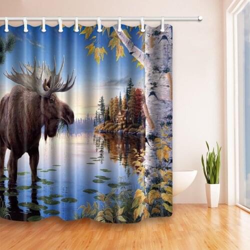 Moose birch trees by the river in blue Waterproof Polyester Fabric Shower Curtain Set Fantastic Decorations Bath Curtain