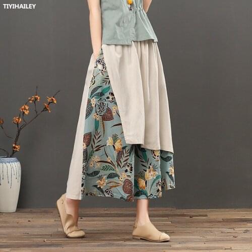 TIYIHAILEY Free Shipping 2021 New Long Maxi Elastic High Waist Women Cotton Linen Skirts Spring Summer A-line Print Patchwork