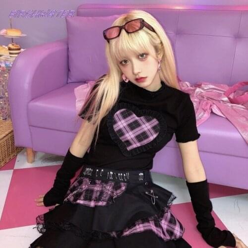 Women T-shirts 2021 Gothic Patchwork Plaid Heart T-shirt Tops Summer Harajuku Short Sleeves Girl Tee Shirt Goth Clothes
