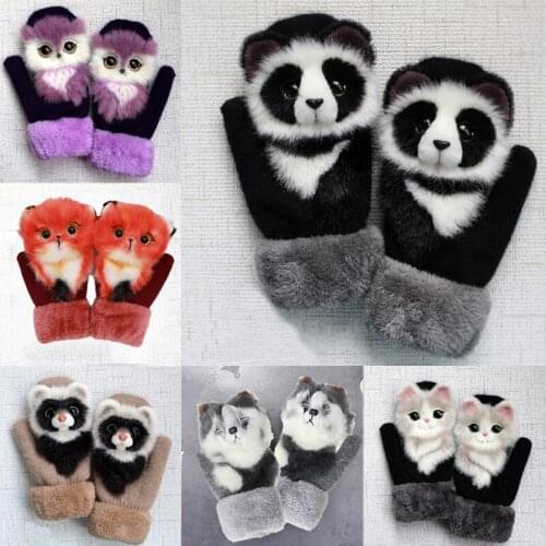 40GC Women Men Winter Knitted Gloves Cute 3D Fluffy Cartoon Animal Thermal Mittens