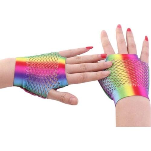 Womens Rainbow Stripes Short Fingerless Wedding Gloves Hollow Out Fishnet Wrist Length 80s Party Costume Stretchy Mittens