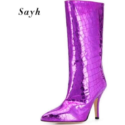 Winter Woman High Heel Boot Knee High Boots Punk Pointy Toe Mid Calf Boots Women Shiny Boots Real Leather Shoes Big Size