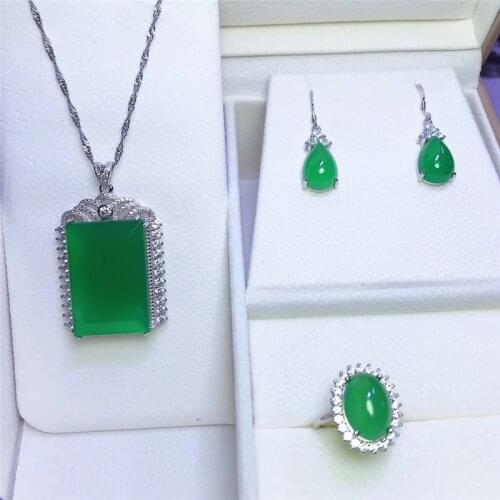 Jadery Charms Green Chalcedony Jade Jewelry Sets For Women 925 Sterling Silver Necklace/Earrings/Ring Fine Jewelry 2019 Gifts