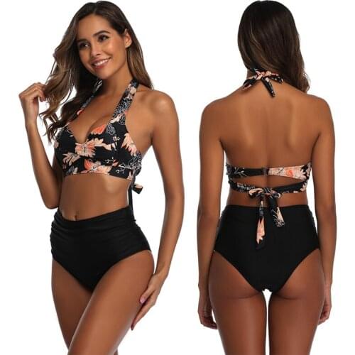 Ladies' Sexy Two Pieces Print Swimsuit Halter Lacing Backless Padded Bra With High Waist Elastic Panties Bikini Suit