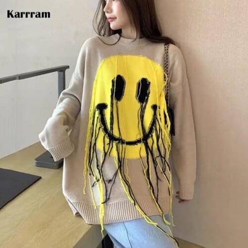 Karrram Chic Streetwear Sweater Women Korean Smile Pullover Harajuku Tassel Design Ladies Oversize Jumpers Winter Plus Size