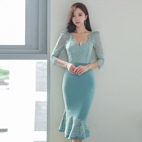 Fall 2021 Ladies Wrap Patchwork Lace Sheath Midi Dress Spring Women Three Quarter Bodycon Mermaid Dress Elegant Womens Vestidos